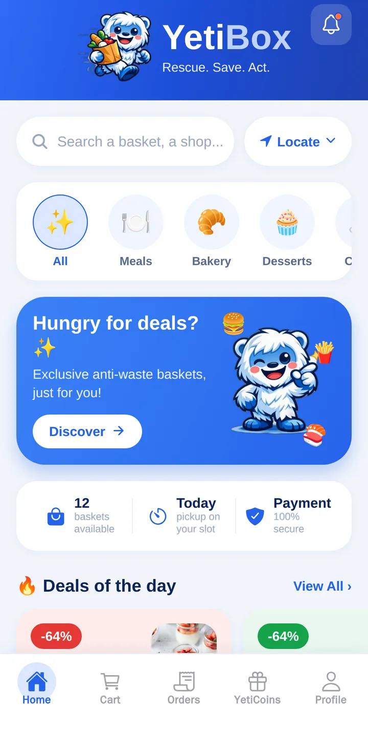 YetiBox home screen with today's baskets