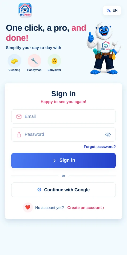 YetiHome sign-in screen