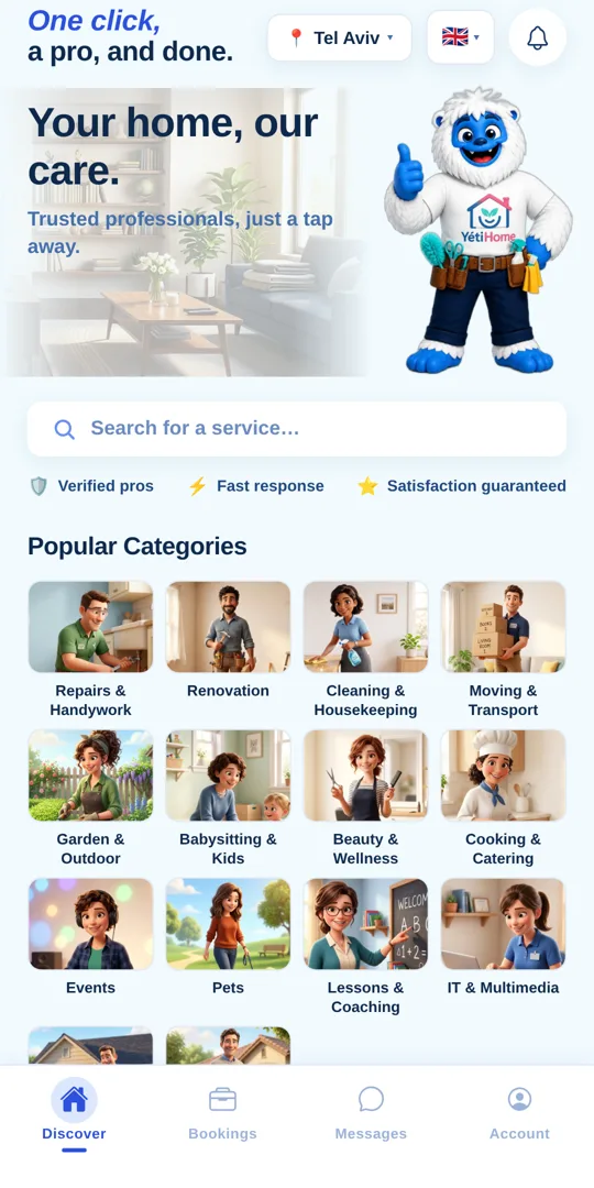YetiHome home screen with service categories