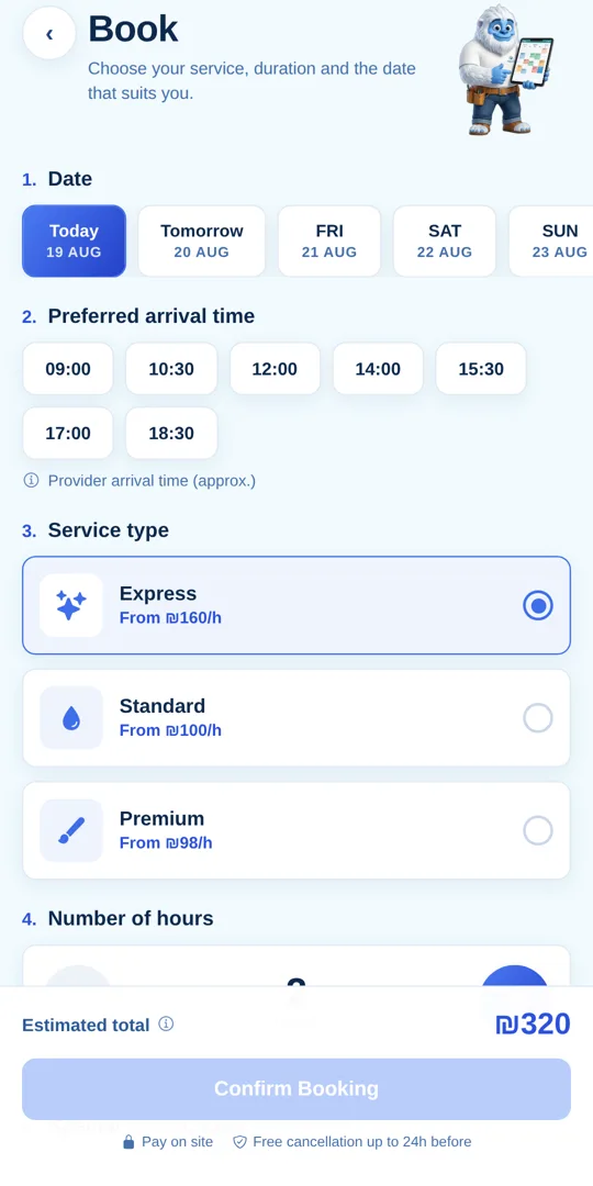 YetiHome booking slots screen